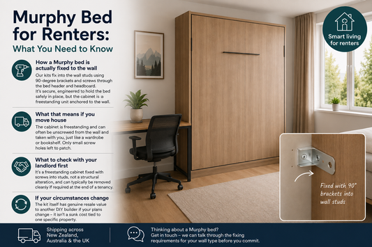 Murphy bed for renters showing a freestanding cabinet secured to wall studs with brackets in a modern rental home.