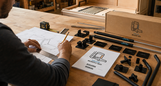 Designer reviewing Murphy bed plans and hardware components during the development of an Easy Fold Murphy Bed kit.