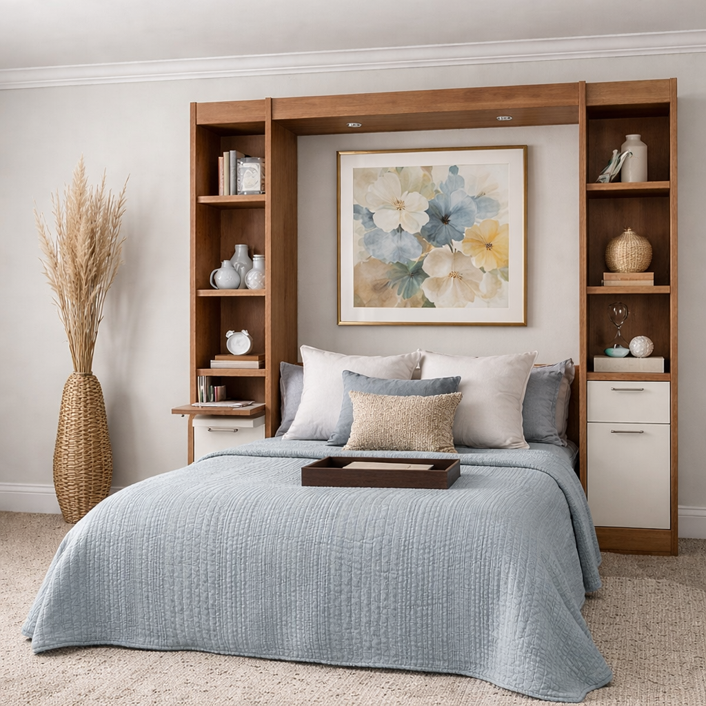 Vertical Murphy bed installed in a small New Zealand spare room