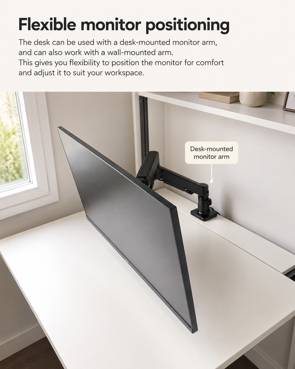 Wall-mounted folding desk with a desk-mounted monitor arm, showing adjustable monitor positioning for a more flexible and comfortable workspace.