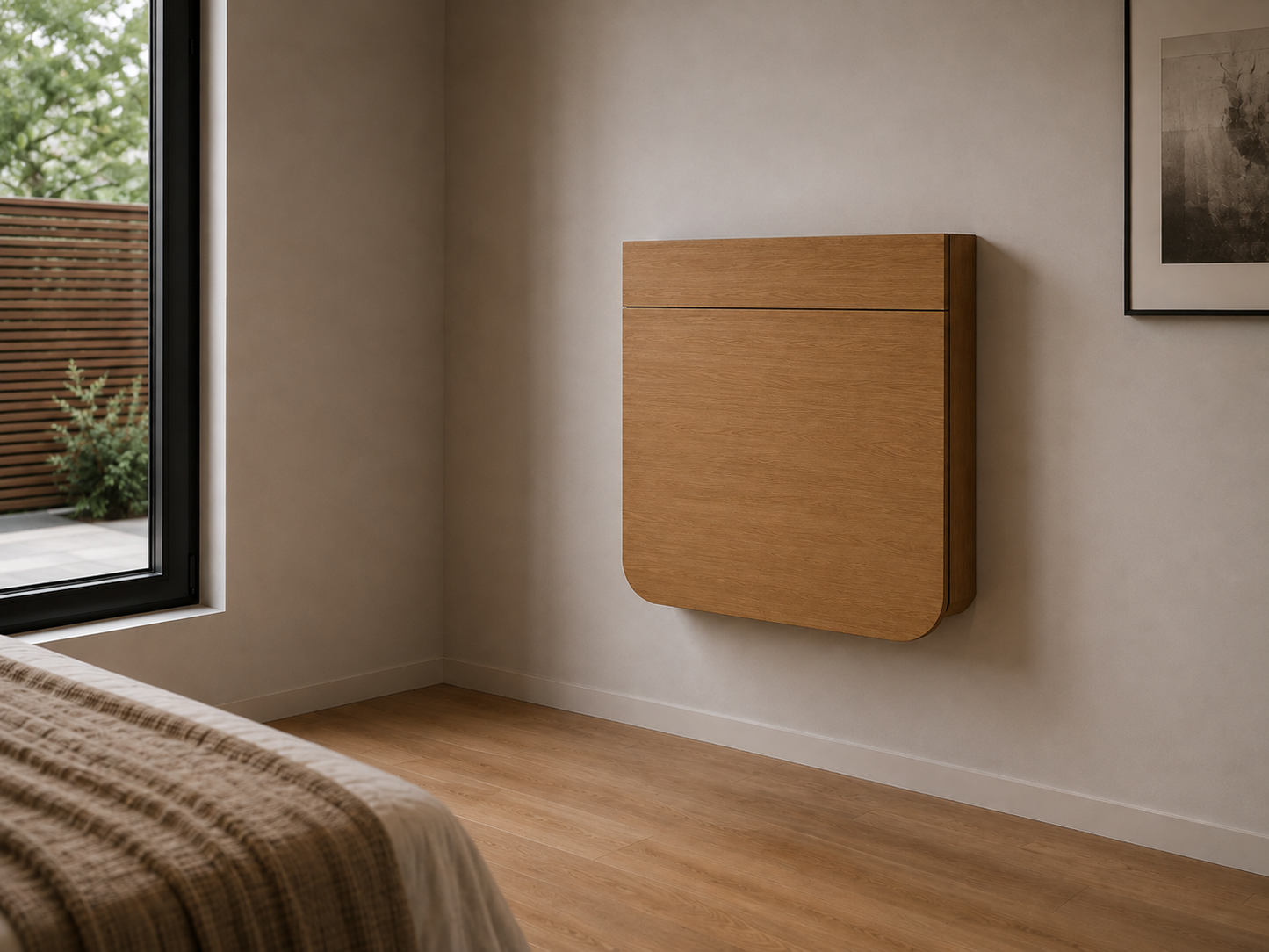 Closed wall-mounted folding desk in a modern bedroom, showing its compact space-saving design.