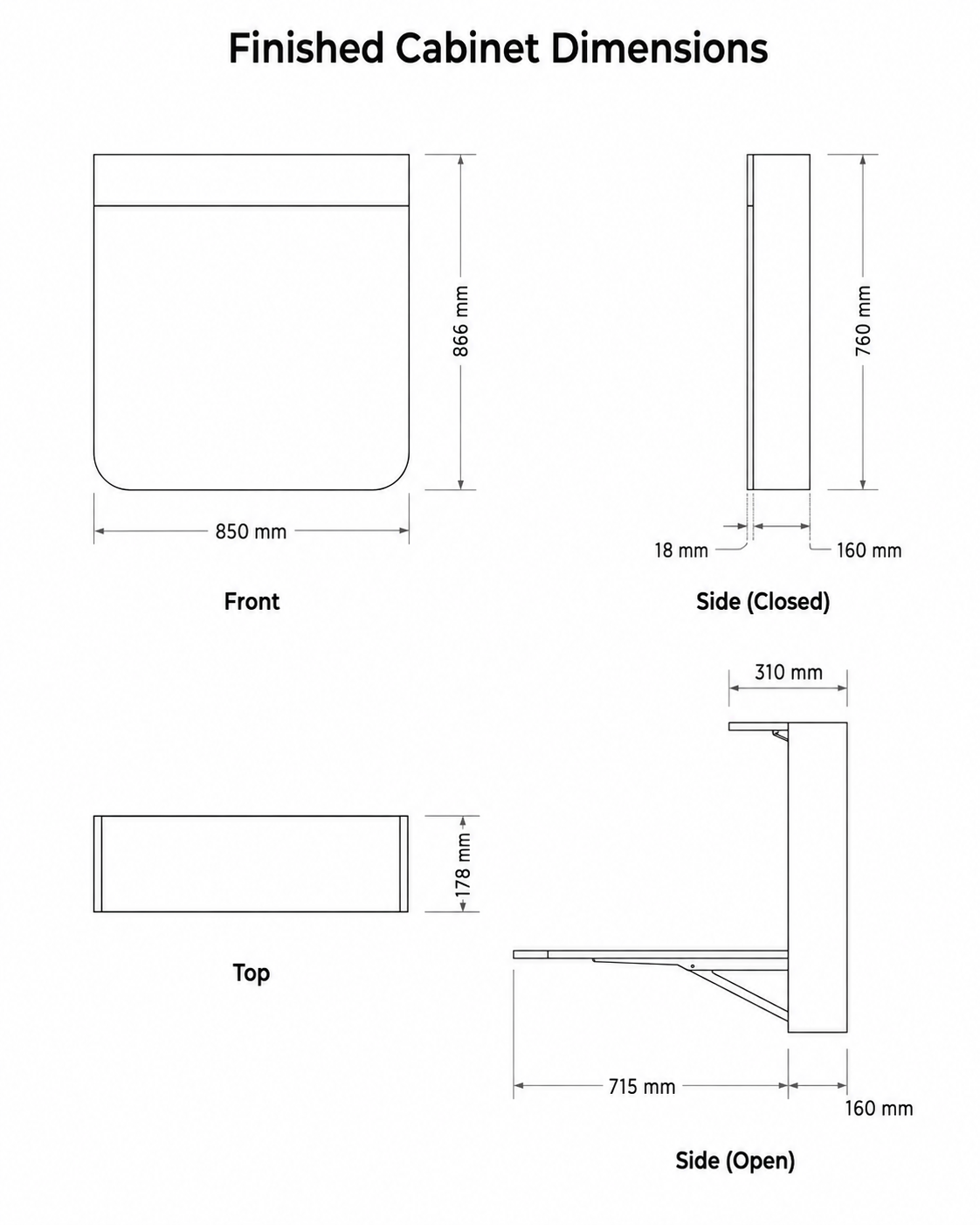 Wall-mounted folding desk finished cabinet dimensions showing front, top, closed side and open side views
