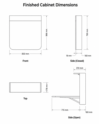 Wall-mounted folding desk finished cabinet dimensions showing front, top, closed side and open side views