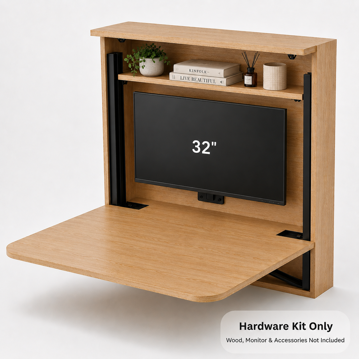 Wall-mounted folding desk hardware kit shown open with a 32-inch monitor for size reference