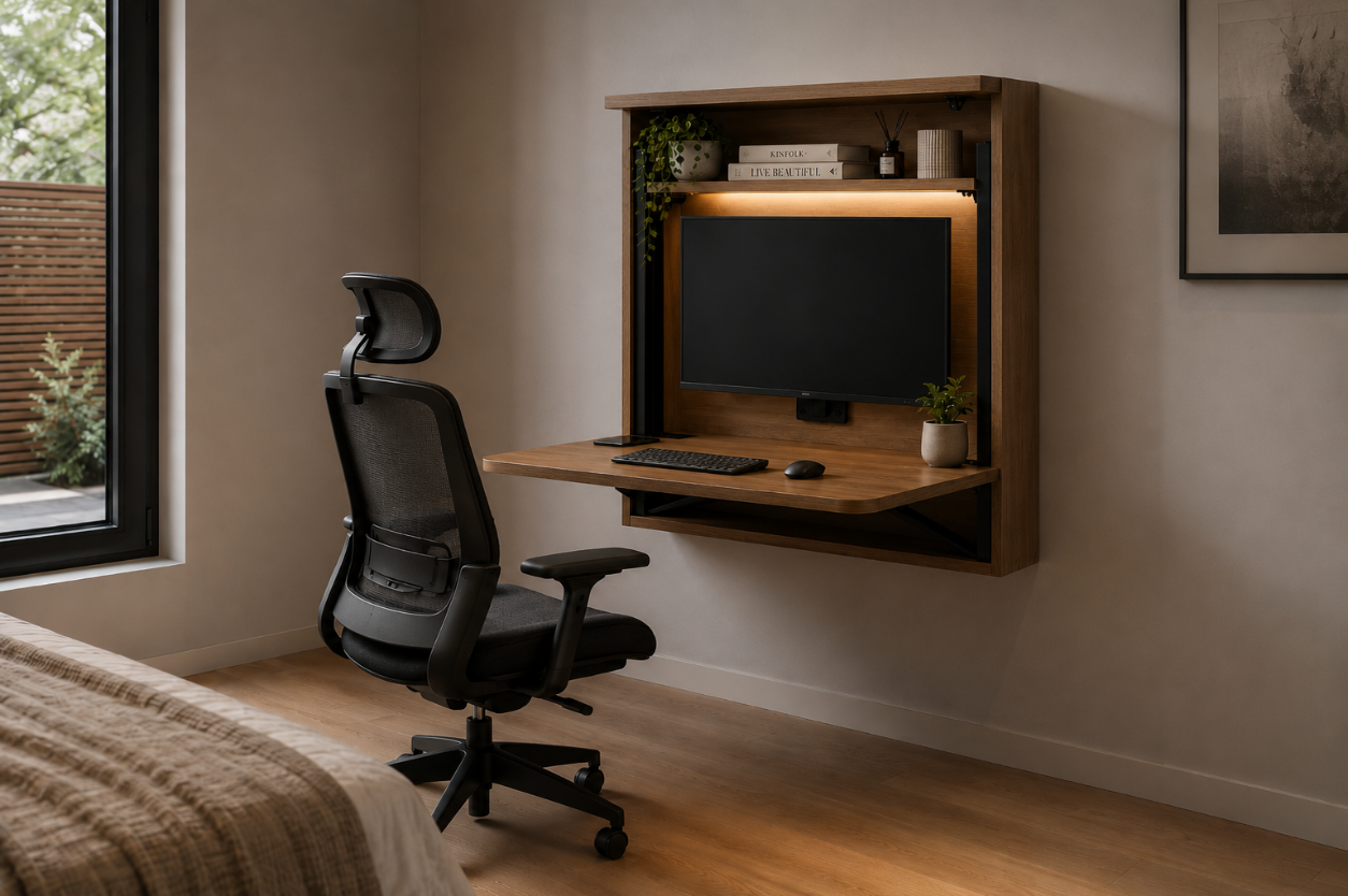 Wall-mounted folding desk with wooden back panel and shelf in a modern home office.
