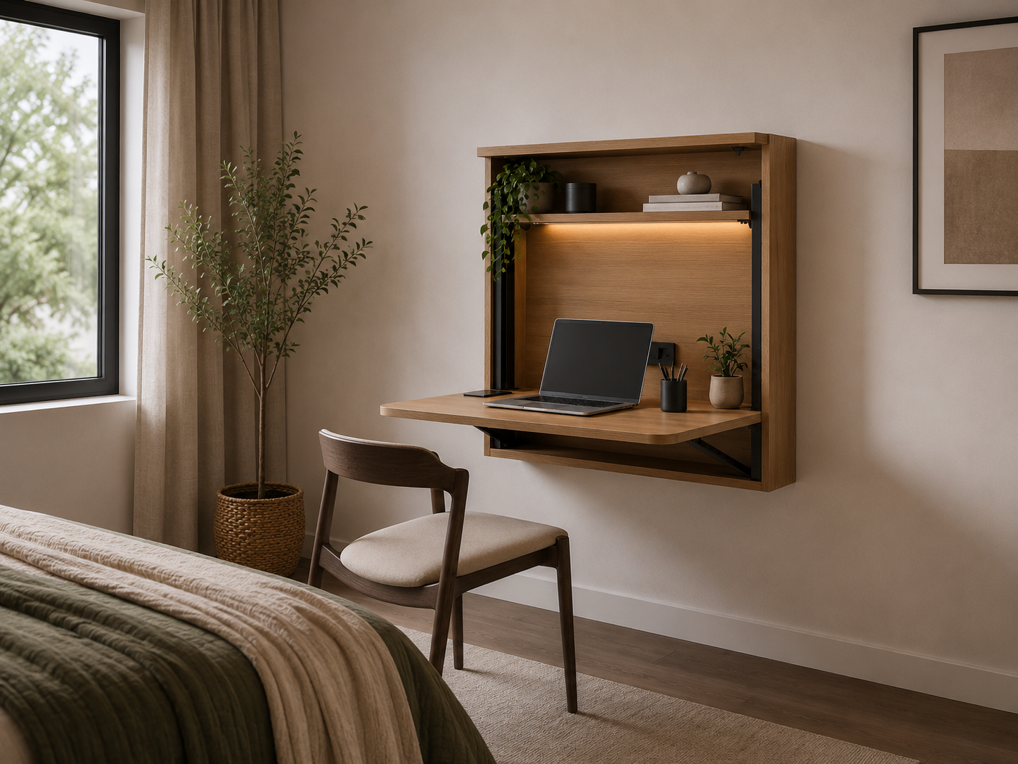 Wall-mounted folding desk open in a modern bedroom with a laptop, shelf lighting, and minimalist decor.