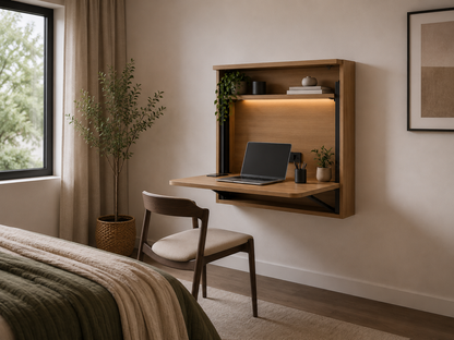 Wall-mounted folding desk open in a modern bedroom with a laptop, shelf lighting, and minimalist decor.