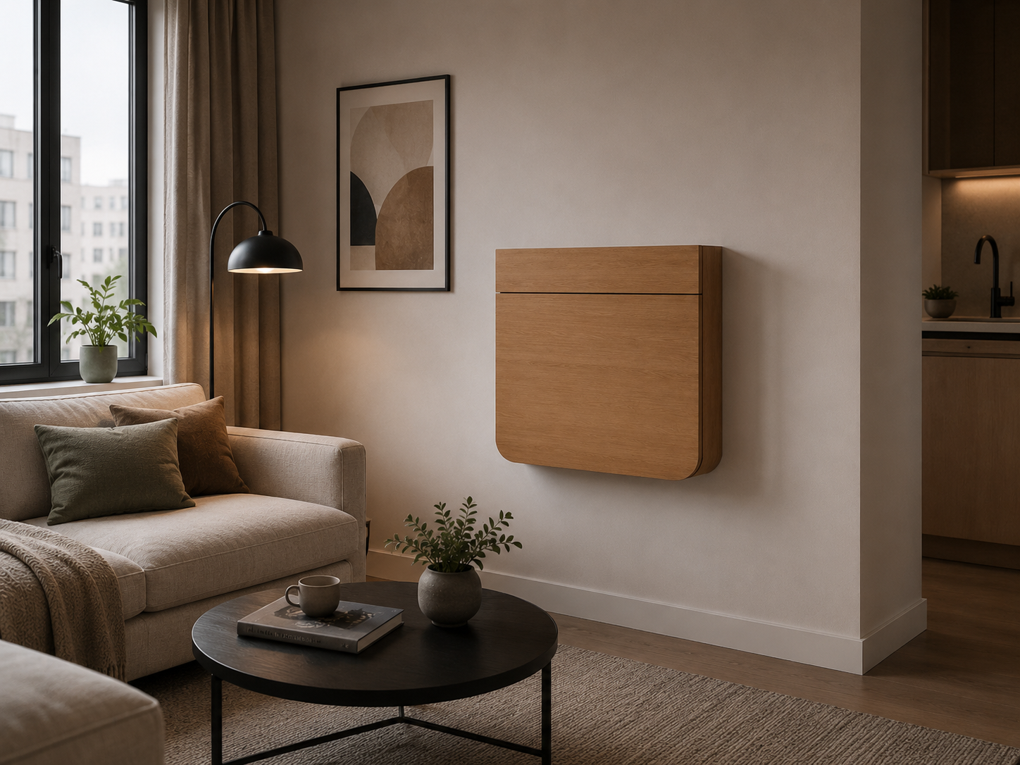 Closed wall-mounted folding desk in a small apartment living room, showing a compact space-saving design.
